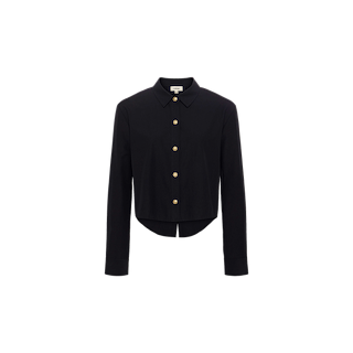 The Cosette Shirt is a black, long-sleeve button-up tailored shirt with a collar and gold buttons, crafted from a stretch cotton-blend fabric, displayed on a plain white background.