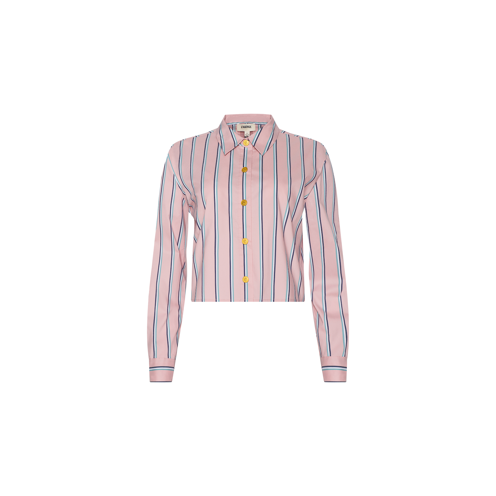 The Cosette Shirt is a long-sleeve, button-up tailored shirt with a pink base and vertical blue, white, and red stripes. It features a collar, yellow buttons down the front, and a stylish cropped high-low hem for a modern touch.
