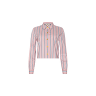The Cosette Shirt is a pink, long-sleeve tailored shirt with blue and white vertical stripes and yellow buttons, crafted from an organic cotton-blend fabric. Featuring a cropped high-low hem, this top is showcased against a plain white background.