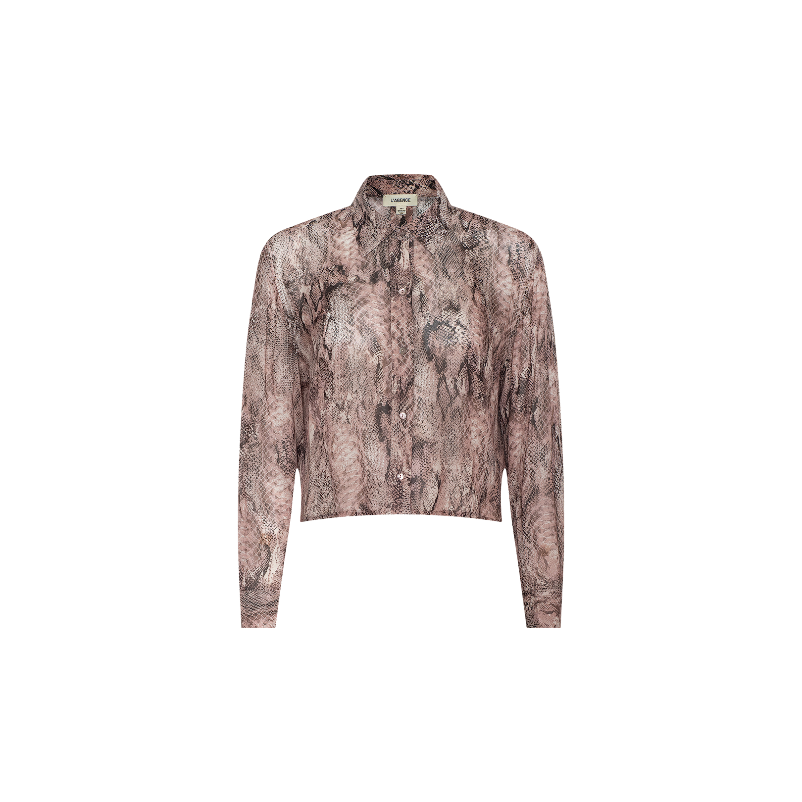 The Cosette Shirt is a lightweight, long-sleeve button-down featuring a brown and pink snake print, a pointed collar, and a cropped high-low hem, shown against a plain white background.