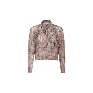 The Cosette Shirt is a lightweight, long-sleeve button-down featuring a brown and pink snake print, a pointed collar, and a cropped high-low hem, shown against a plain white background.