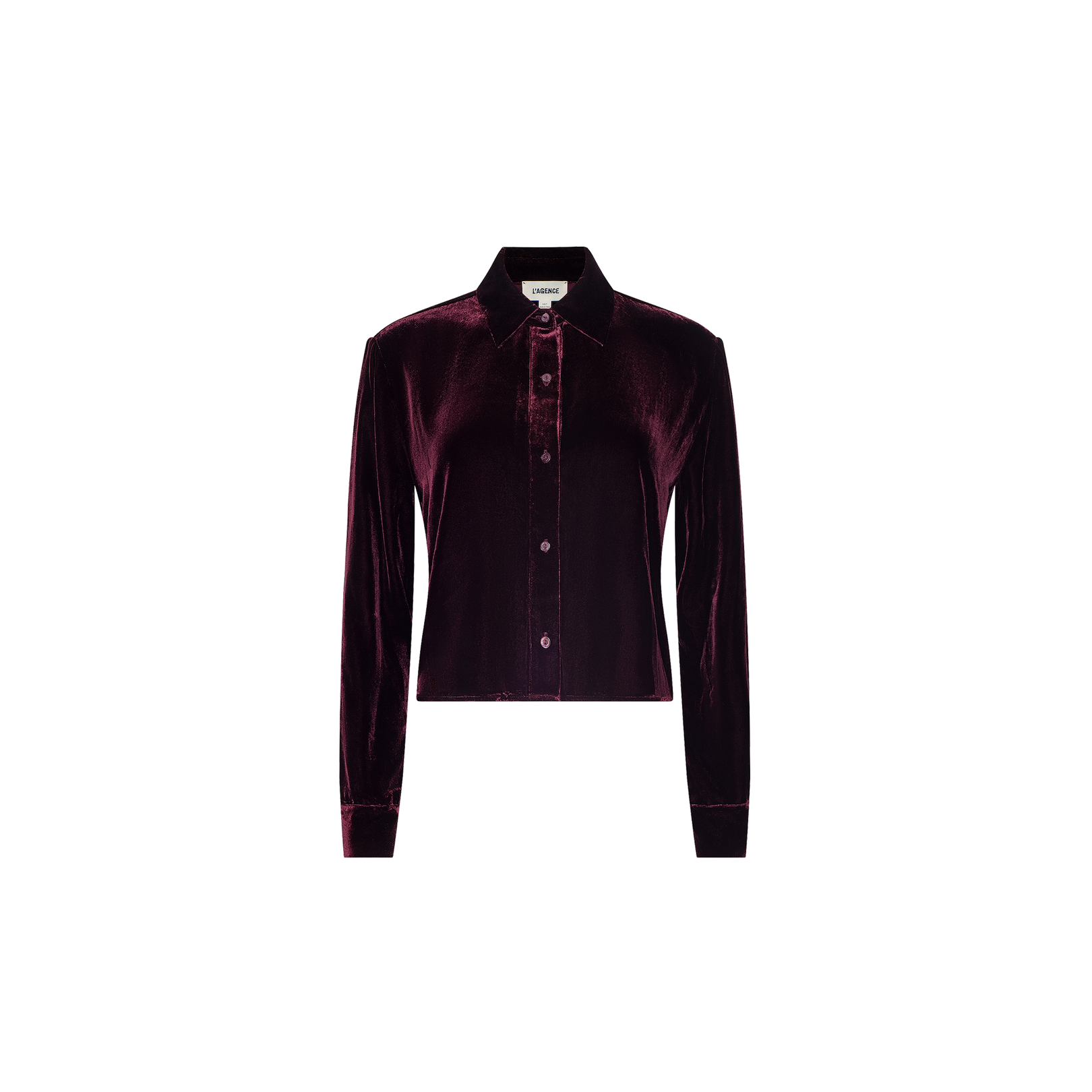 The Cosette Velvet Shirt is a long-sleeved, button-up shirt crafted from deep burgundy velvet, featuring a collar and tailored fit, displayed against a plain white background.