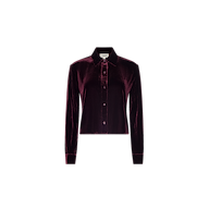 The Cosette Velvet Shirt is a long-sleeved, button-up shirt crafted from deep burgundy velvet, featuring a collar and tailored fit, displayed against a plain white background.