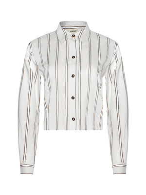 The Cosette Shirt is a tailored, white, long-sleeve button-up with vertical brown and black jacquard stripes and a pointed collar, shown against a plain white background.