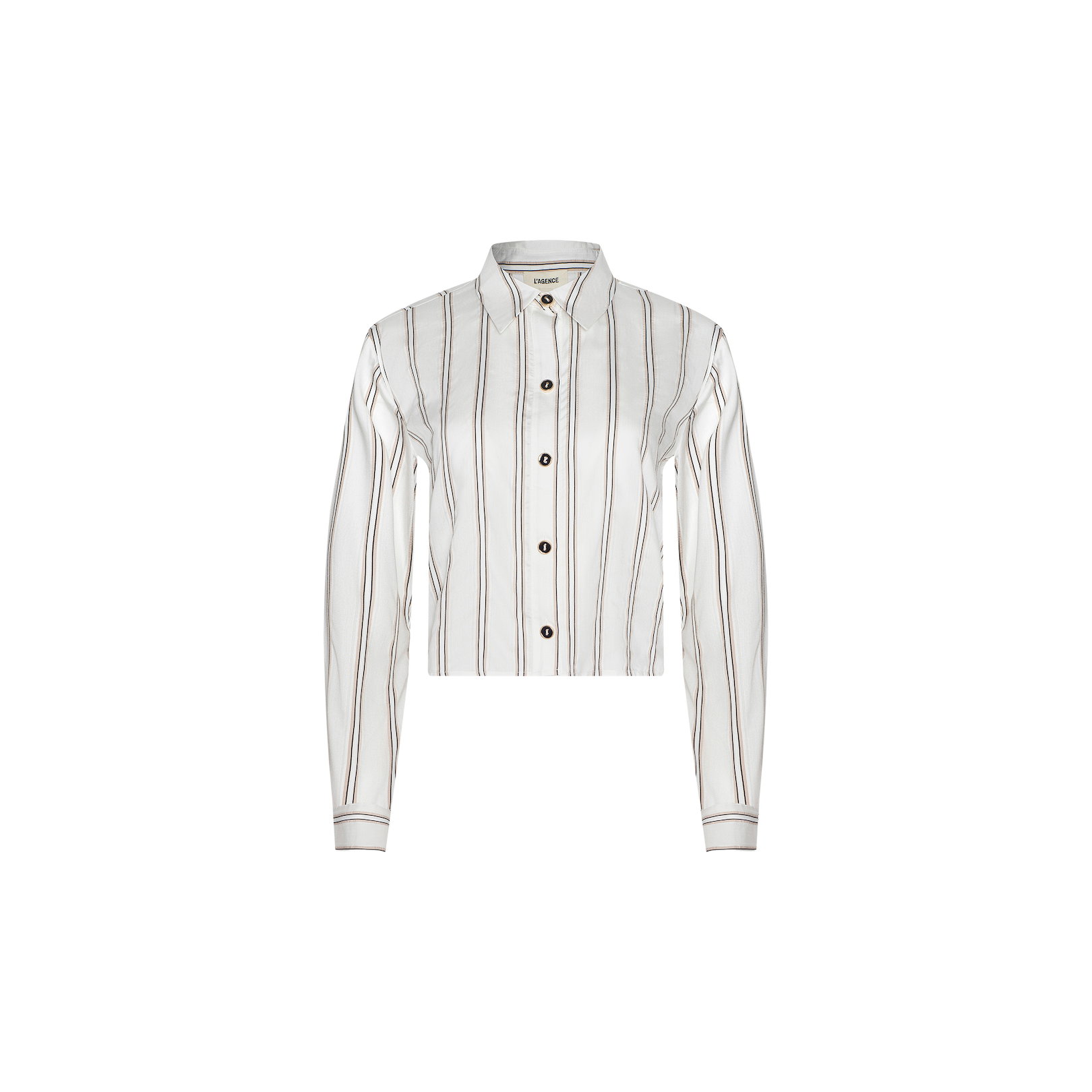 Cosette Shirt: A white long-sleeve button-up tailored shirt featuring vertical brown and beige jacquard stripes, a classic collar, and buttoned cuffs. Displayed against a plain white background.