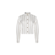 Cosette Shirt: A white, long-sleeve tailored shirt with vertical brown and beige jacquard stripes, featuring a collar, buttoned cuffs, and a cropped high-low hem, displayed on a plain white background.