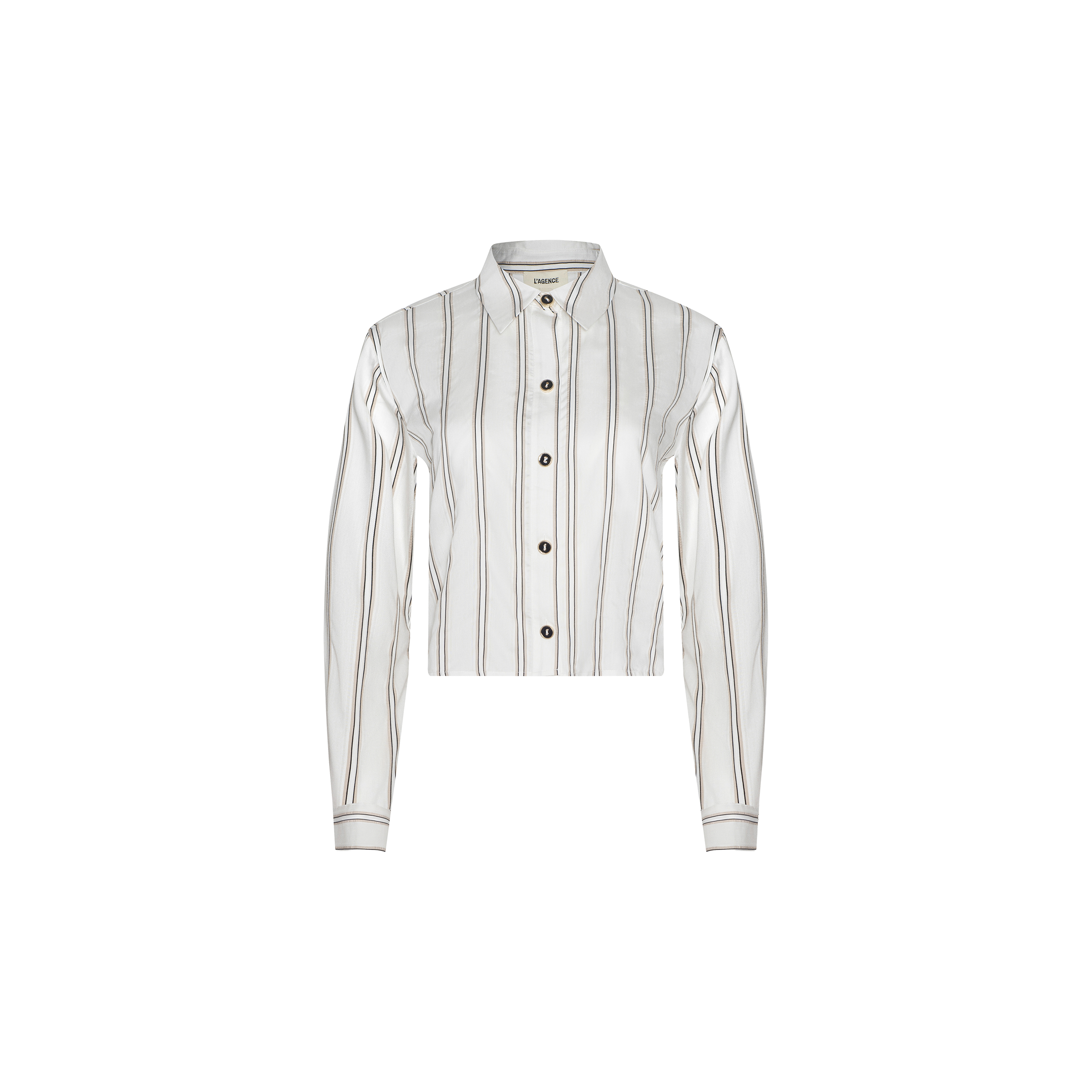 Cosette Shirt: A white, long-sleeve tailored shirt with vertical brown and beige jacquard stripes, featuring a collar, buttoned cuffs, and a cropped high-low hem, displayed on a plain white background.
