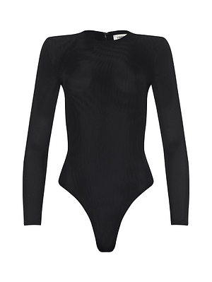 The Trista Bodysuit by L'AGENCE is a black, long-sleeve piece with a high neckline, structured shoulder pads, and a fitted silhouette, shown against a plain white background.