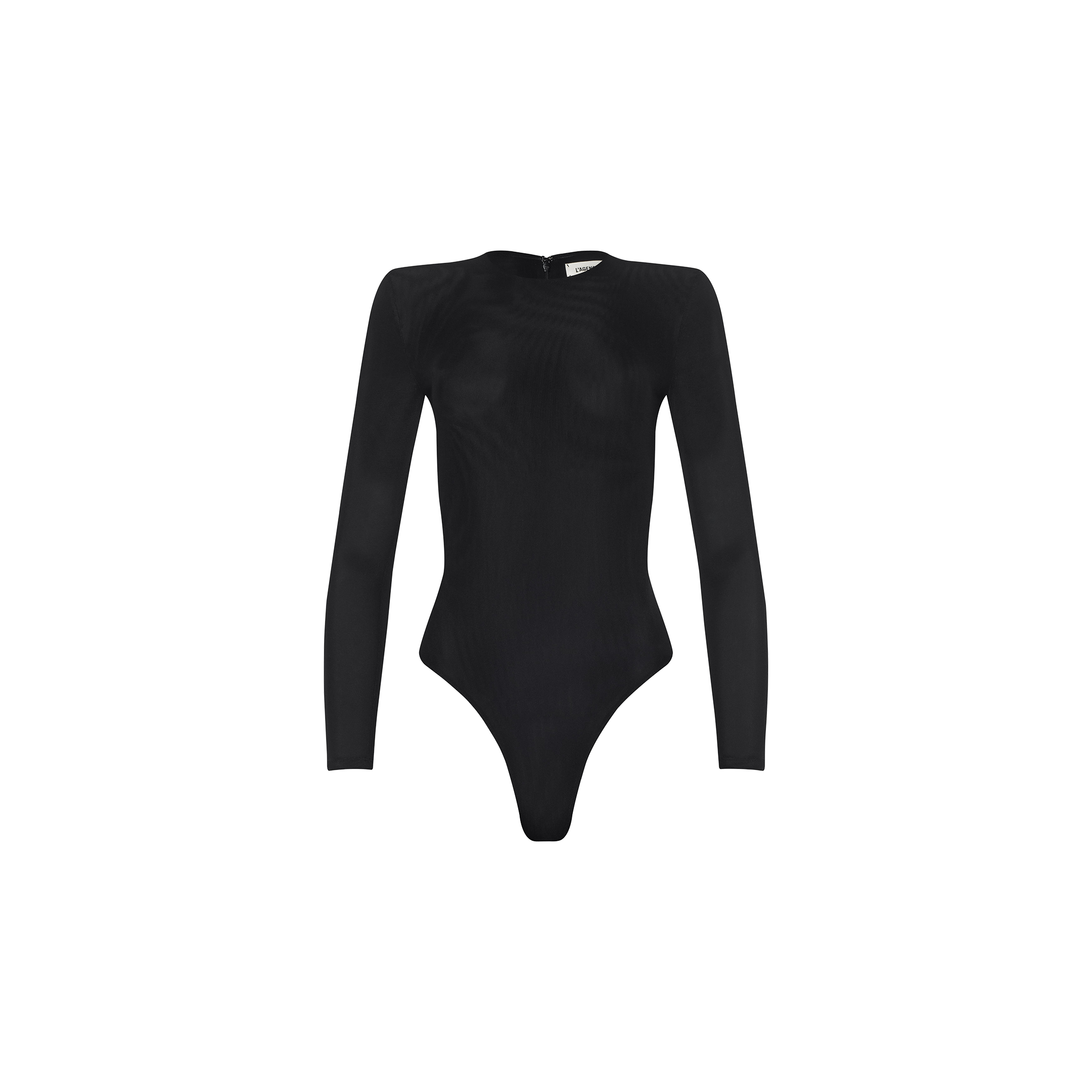 The Trista Bodysuit, featuring a black long-sleeve design with structured shoulder pads and a round neckline, is displayed on a plain white background.