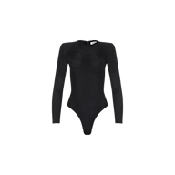 The Trista Bodysuit, featuring a black long-sleeve design with structured shoulder pads and a round neckline, is displayed on a plain white background.