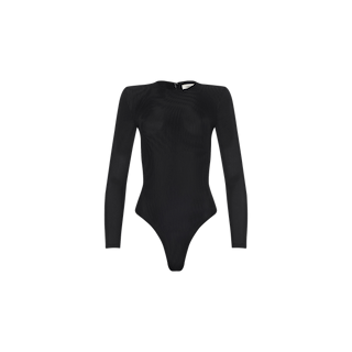Trista Bodysuit in black, featuring long sleeves, a high neckline, structured shoulder pads, and a thong-style bottom, displayed on a plain white background.