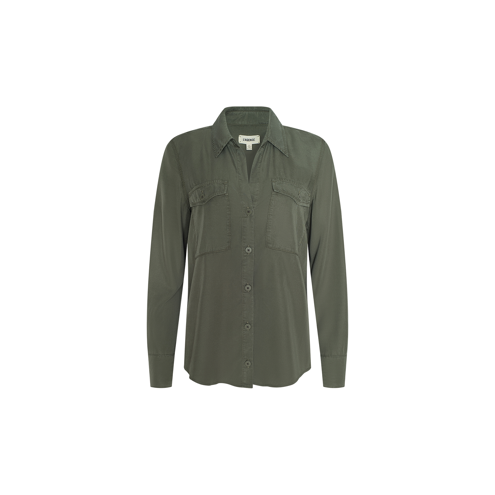 The Pearson Shirt is a smoky olive green, long-sleeve button-down with two chest pockets, a folded collar, and a relaxed fit, made from lightweight lyocell and shown against a plain white background.