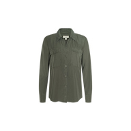 The Pearson Shirt is a smoky olive green, long-sleeve button-down with two chest pockets, a folded collar, and a relaxed fit, made from lightweight lyocell and shown against a plain white background.