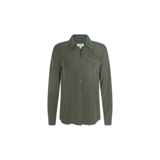 The Pearson Shirt is a smoky olive green long-sleeve button-down, crafted from lightweight lyocell and featuring two chest pockets, a classic collar, and a relaxed fit, displayed on a plain white background.