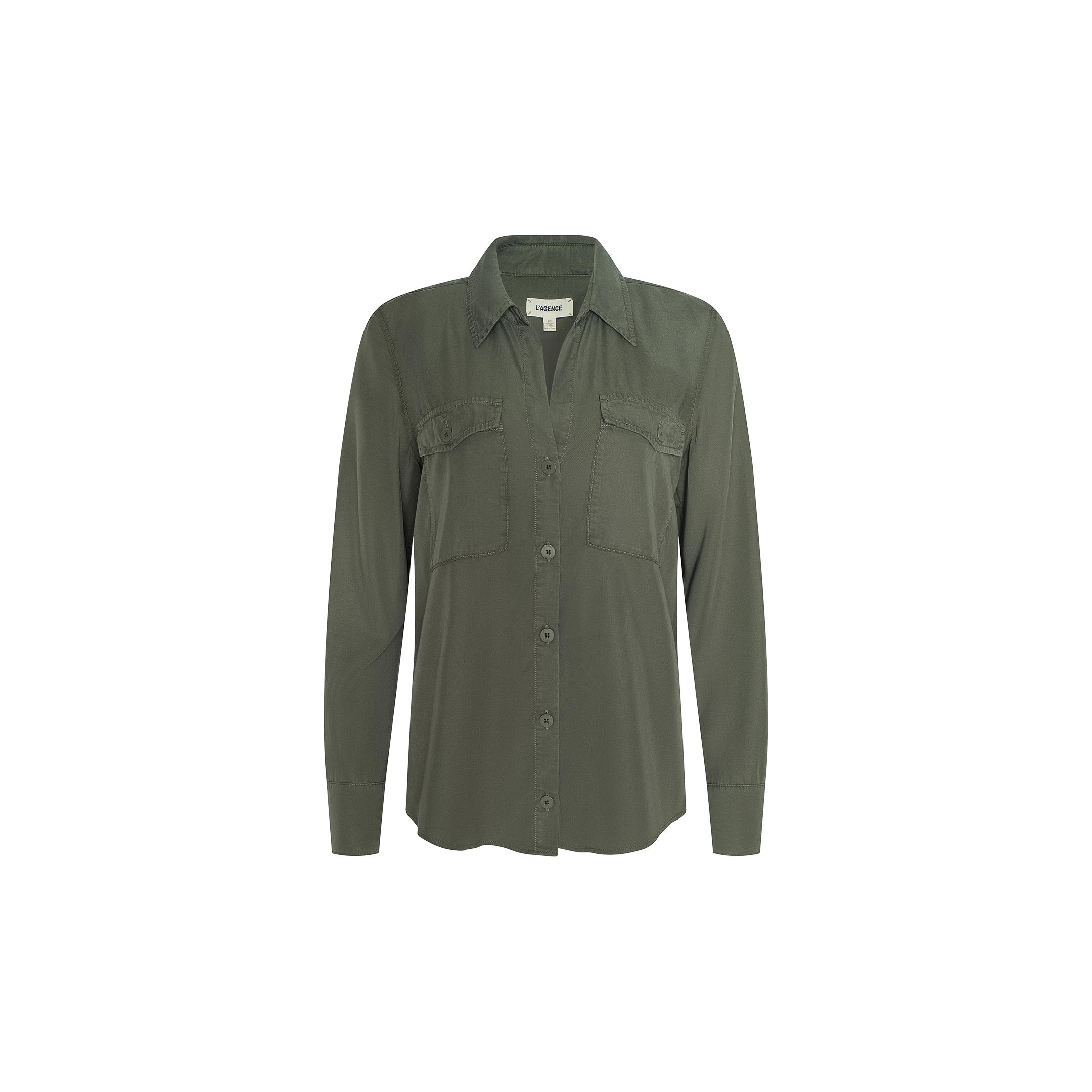 The Pearson Shirt is a smoky olive green, long-sleeve button-down with two chest pockets, a folded collar, and a relaxed fit, made from lightweight lyocell and shown against a plain white background.