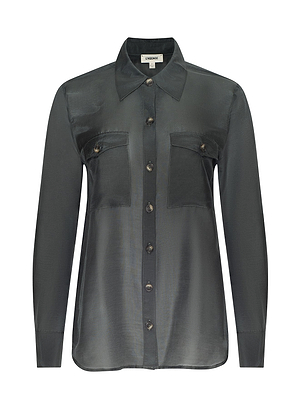 The Pearson Blouse is a long-sleeve, dark gray button-up shirt with a collar and two chest pockets, inspired by Fall 2026 New York Fashion Week and historical romance fashion, shown on a white background.