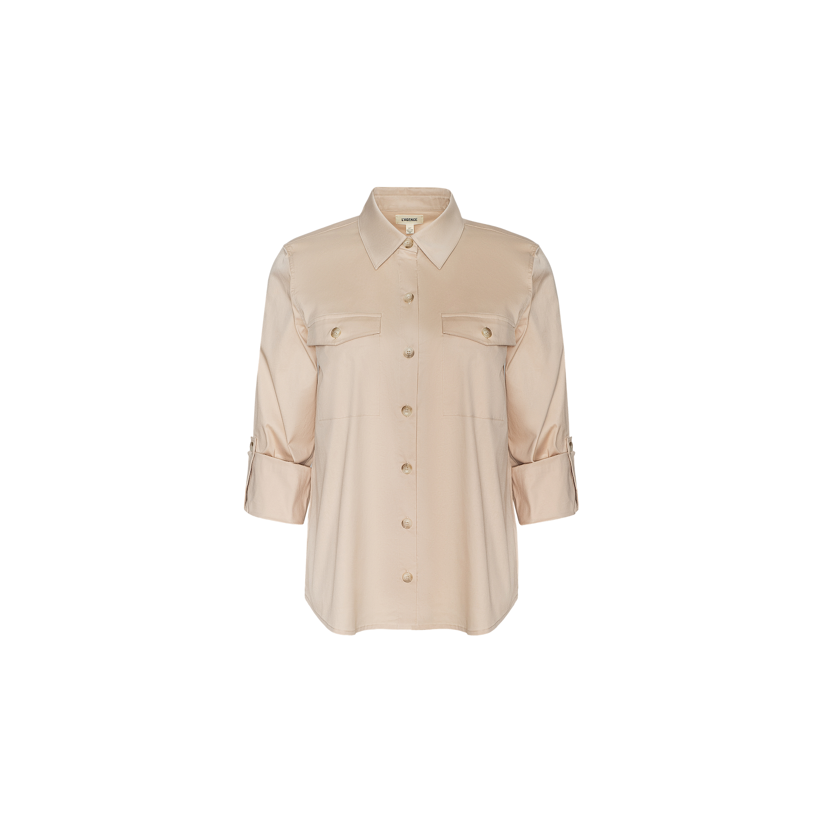 The Pearson Poplin Shirt is a beige, utility-inspired poplin shirt featuring long sleeves, two chest pockets, and a classic collar, displayed against a plain white background.
