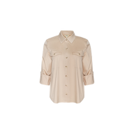 The Pearson Poplin Shirt is a beige, utility-inspired poplin shirt featuring long sleeves, two chest pockets, and a classic collar, displayed against a plain white background.
