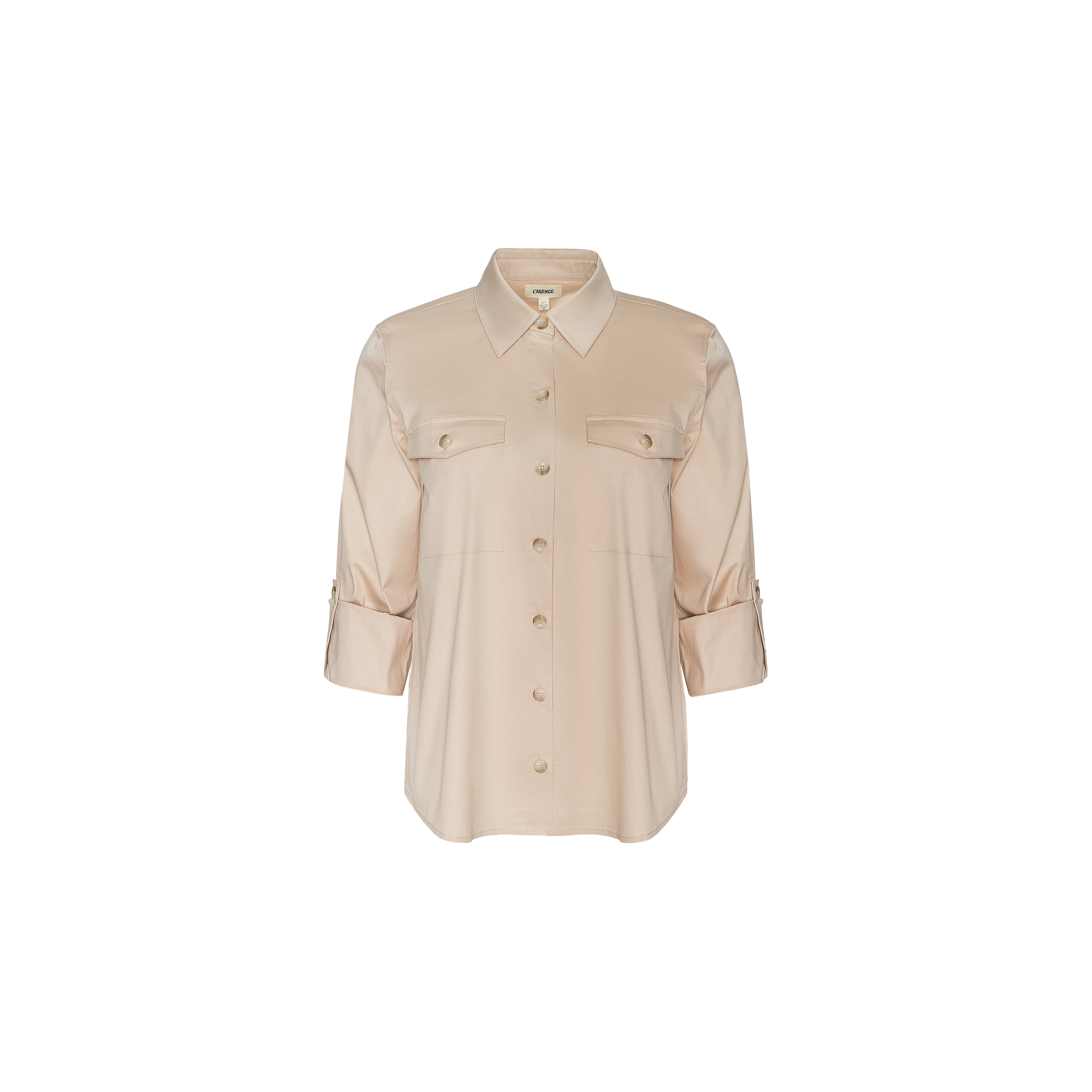 The Pearson Poplin Shirt is a beige, utility-inspired poplin shirt featuring long sleeves, two chest pockets, and a classic collar, displayed against a plain white background.