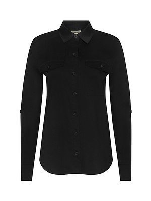The Pearson Poplin Shirt, in black, features long sleeves, a classic collar, front buttons, curved hem, and two chest pockets. Displayed on a plain white background.