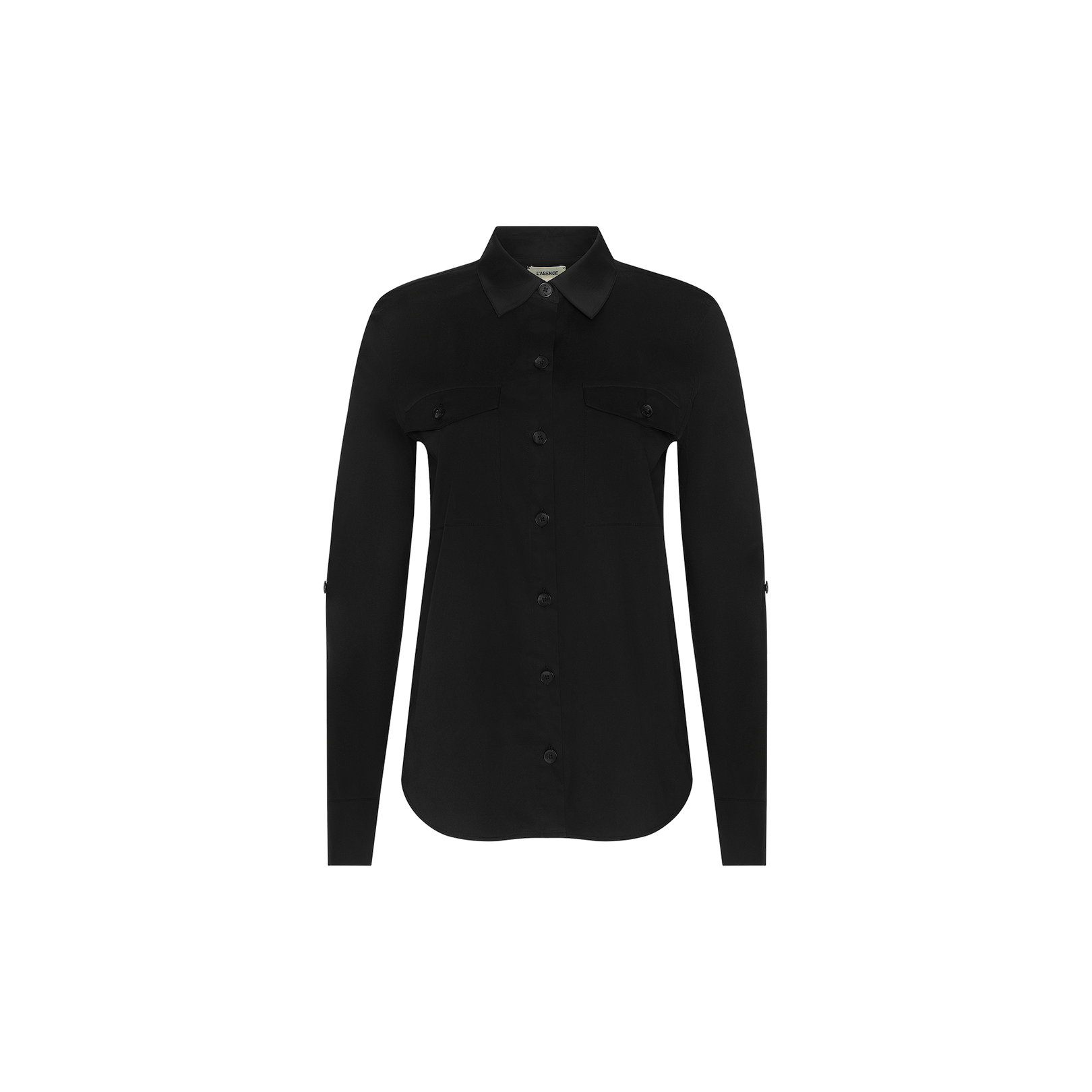 The Pearson Poplin Shirt is a long-sleeve, button-down black shirt with two chest pockets, displayed on a white background.
