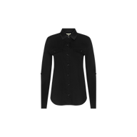 The Pearson Poplin Shirt is a long-sleeve, button-down black shirt with two chest pockets, displayed on a white background.