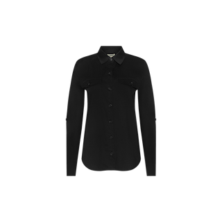 The Pearson Poplin Shirt is a long-sleeve black button-down made from soft cotton poplin, featuring two chest pockets and shown against a plain white background.