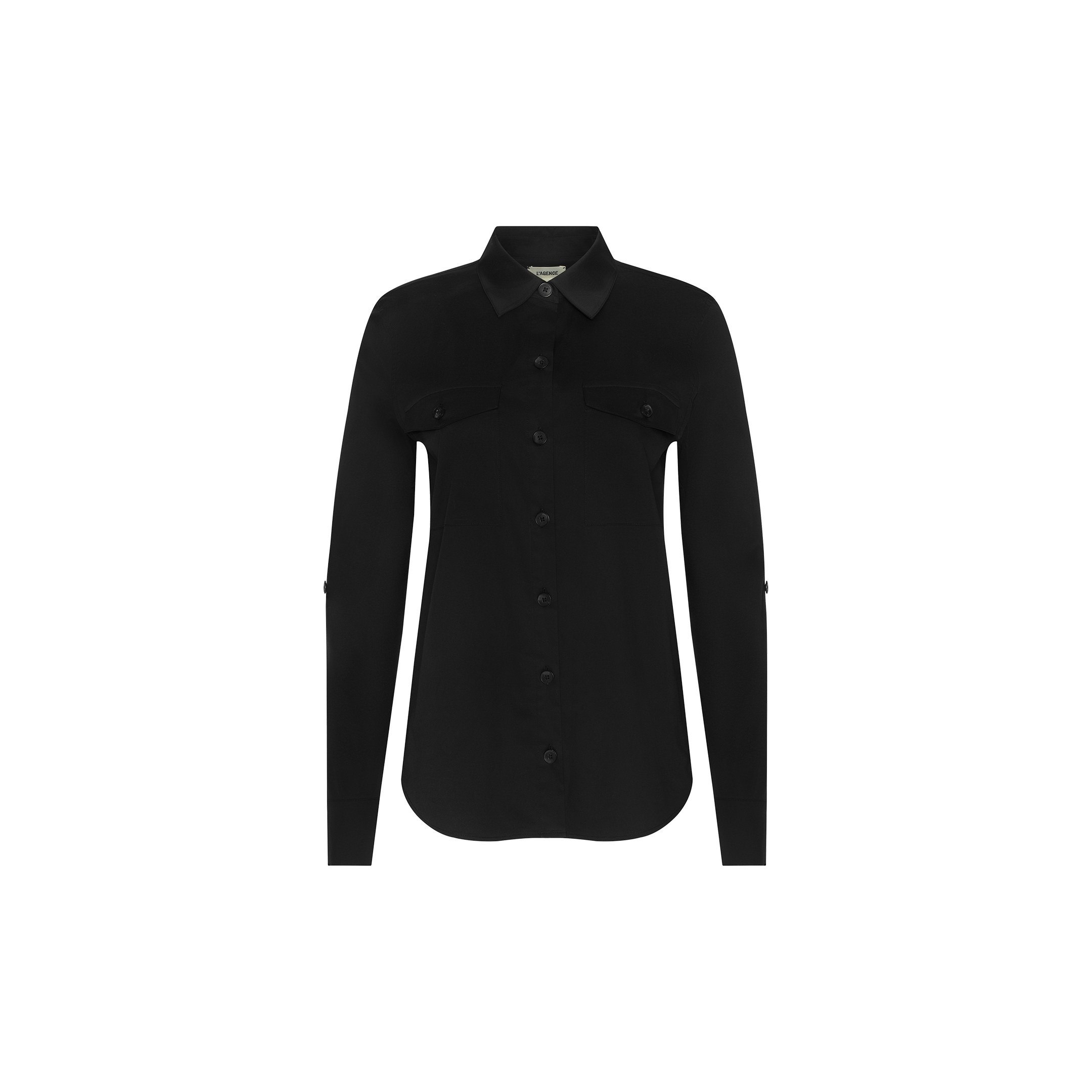 The Pearson Poplin Shirt is a long-sleeve, button-down black shirt with two chest pockets, displayed on a white background.