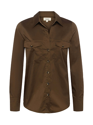 The Pearson Blouse by L'AGENCE Sale is a utility-inspired, long-sleeved brown shirt in stretch cotton sateen with a collar and two button-flap pockets, shown on a plain white background.
