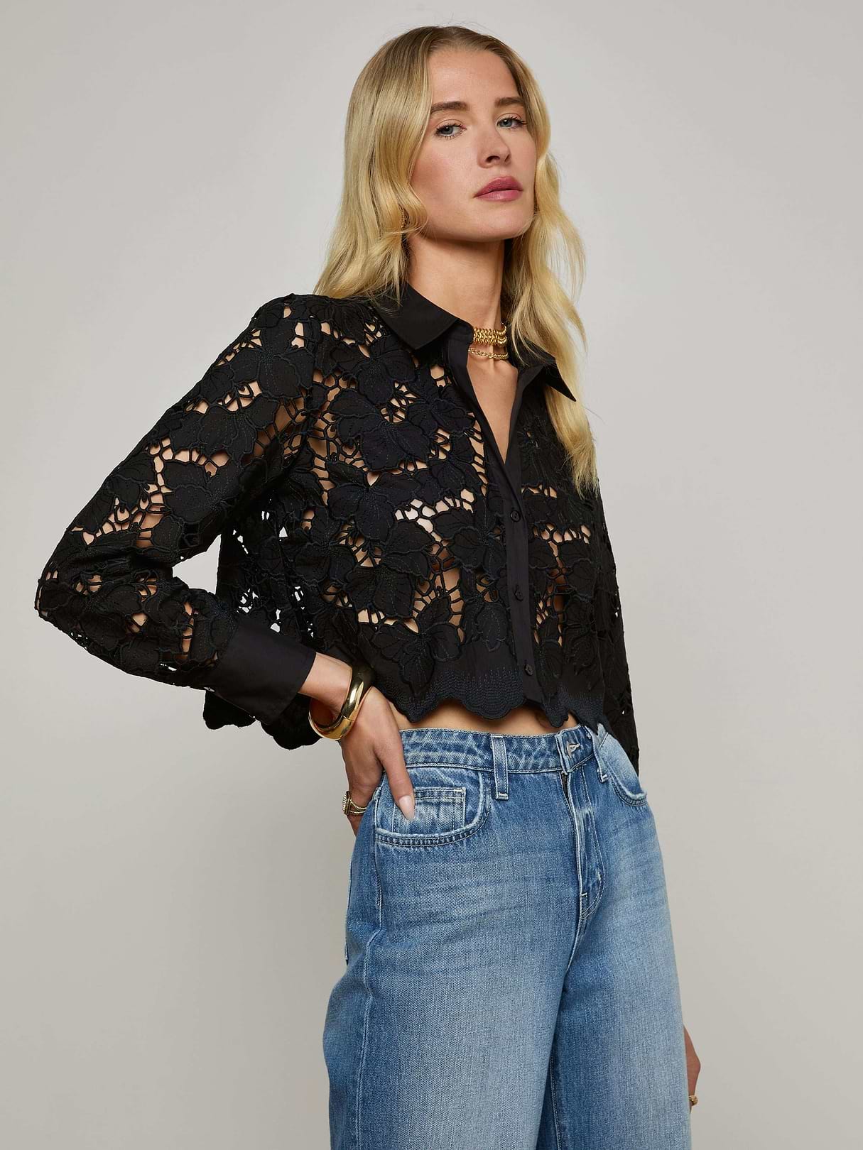 Seychelle Cropped Eyelet Blouse in Black | L'AGENCE