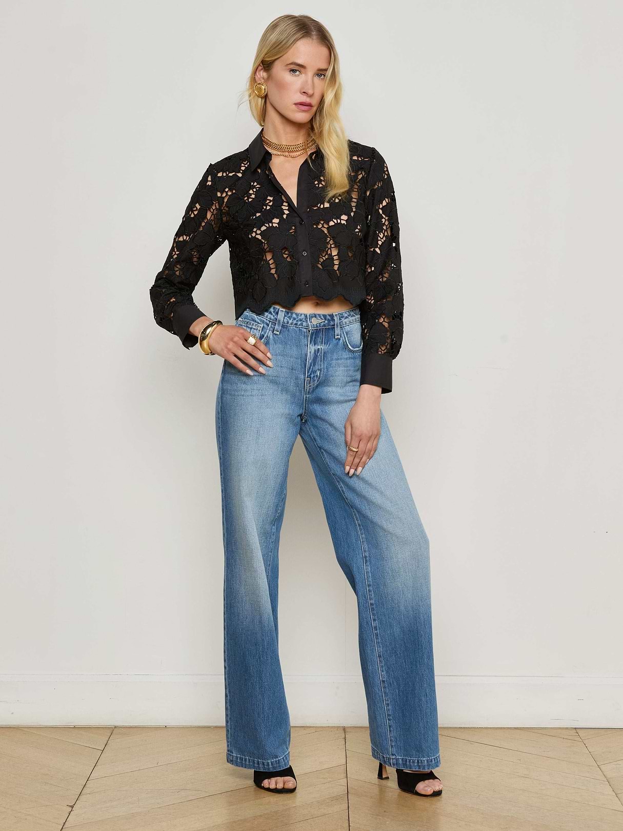 Seychelle Cropped Eyelet Blouse in Black | L'AGENCE