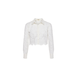 The Seychelle Cropped Eyelet Blouse is a white, long-sleeve top featuring delicate floral lace, a collared neckline, and a scalloped hem in a cropped fit, displayed on a plain white background.