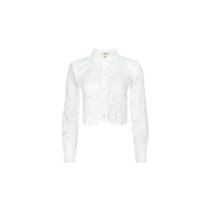 The Seychelle Cropped Eyelet Blouse is a white long-sleeve top featuring a floral lace pattern and a cropped cut hem, displayed on a plain light background.