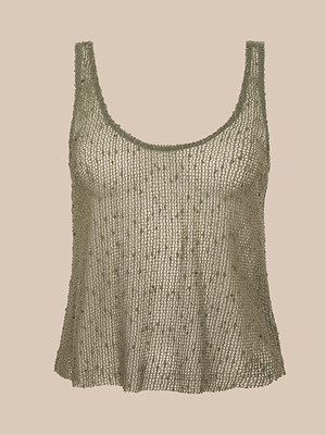 The Zia Tank is a sleeveless, loose-fitting sparkle knit top in light olive green with a metallic mesh finish, shown against a plain beige background.