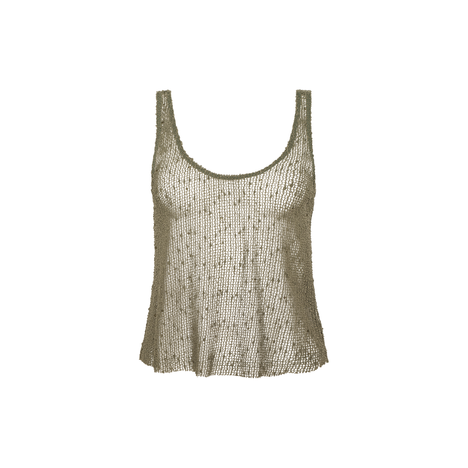 The Zia Tank is a beige, sleeveless mesh knit tank top featuring a see-through design and scoop neckline, shown against a plain white background.
