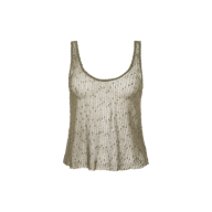 The Zia Tank is a beige, sleeveless mesh knit tank top featuring a see-through design and scoop neckline, shown against a plain white background.