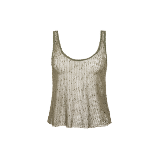 The Zia Tank is a beige, sleeveless mesh knit tank top featuring a see-through design and scoop neckline, shown against a plain white background.