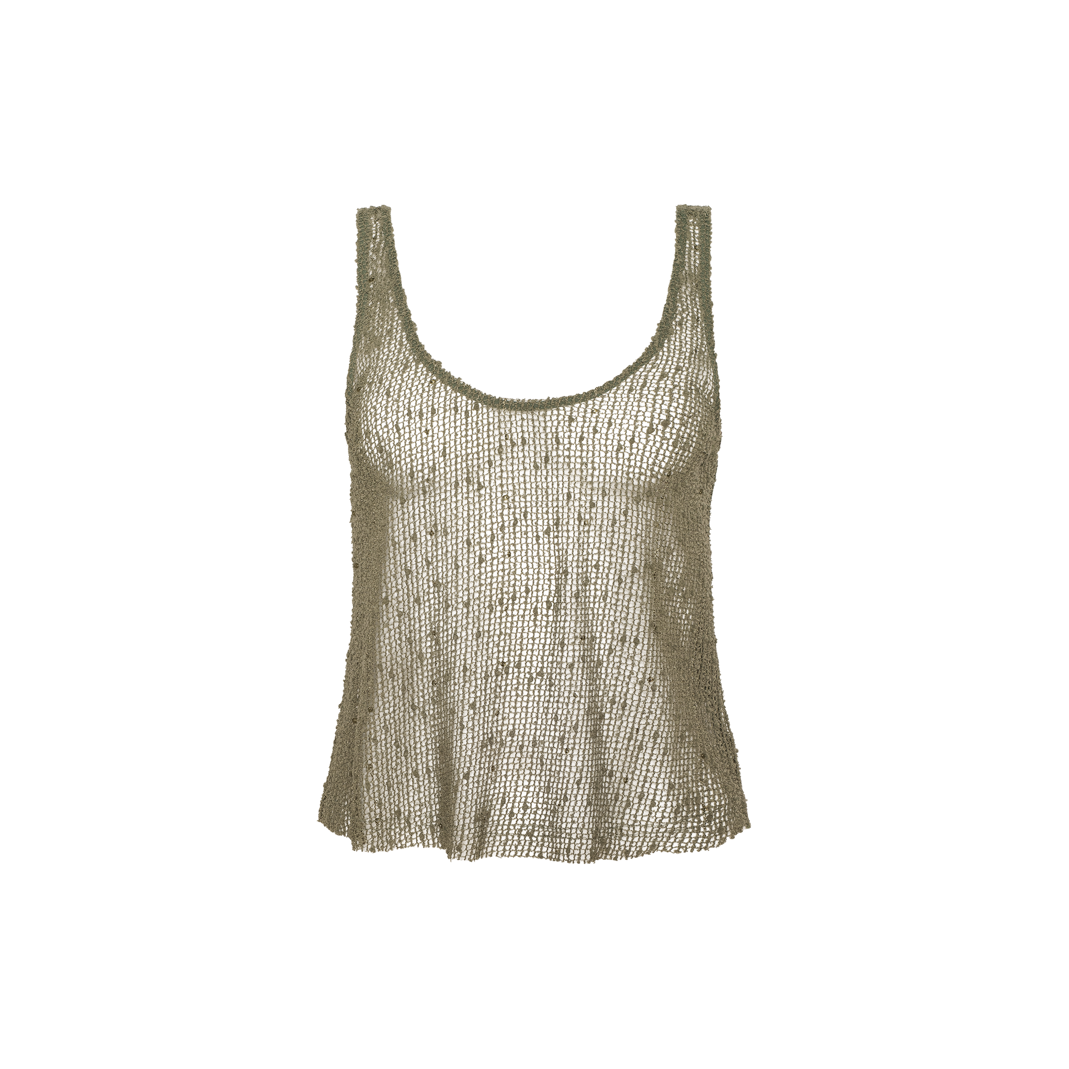 The Zia Tank is a beige, sleeveless mesh knit tank top featuring a see-through design and scoop neckline, shown against a plain white background.