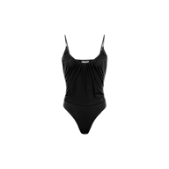 The Gelina Mesh Bodysuit, shown on a plain white background, features thin adjustable straps and a gathered scoop neckline in black.