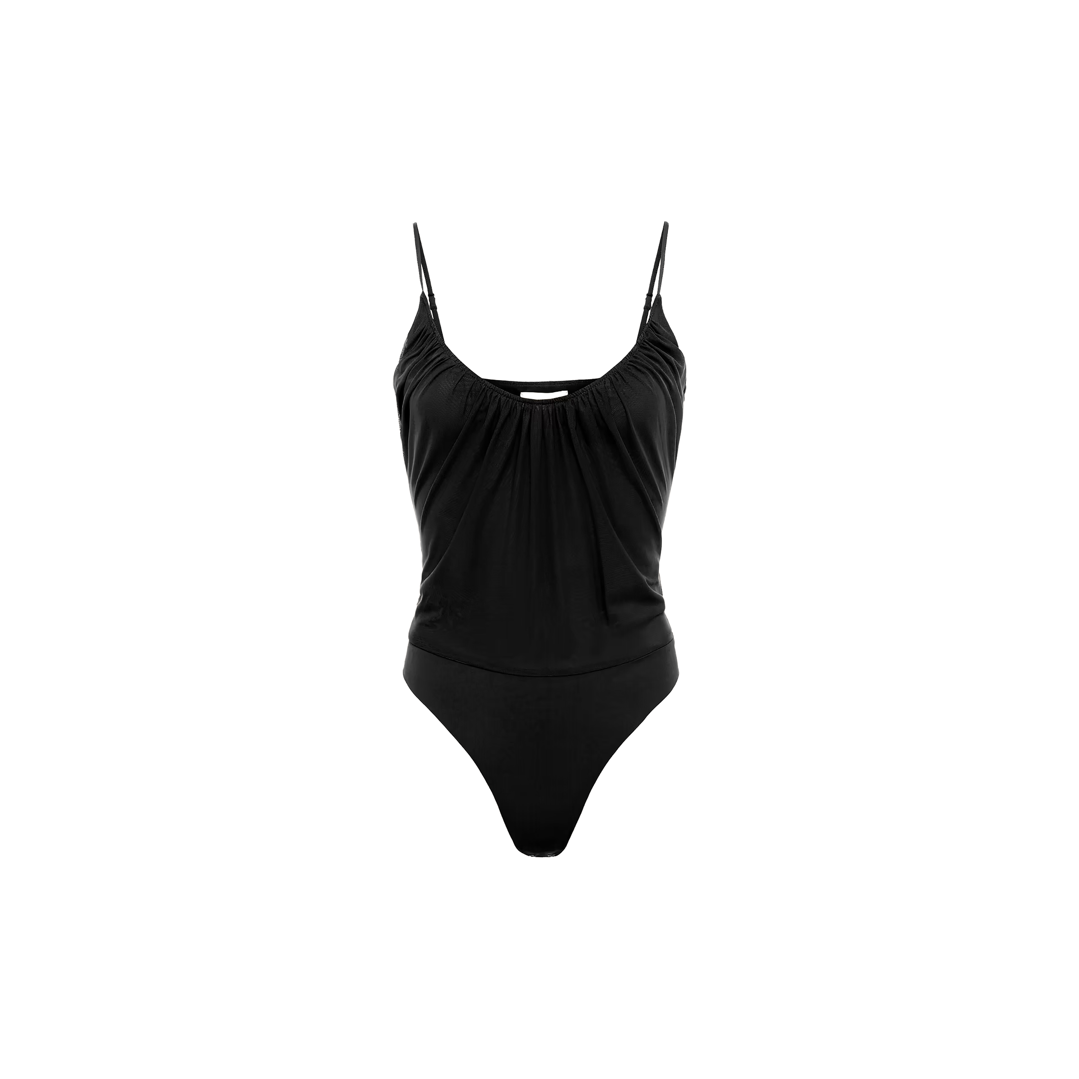 The Gelina Mesh Bodysuit, shown on a plain white background, features thin adjustable straps and a gathered scoop neckline in black.