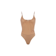 The Gelina Mesh Bodysuit in beige features adjustable straps, subtle gathering at the scoop neckline, and a high-cut leg design, shown against a plain white background.