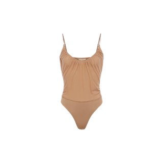 Gelina Mesh Bodysuit featuring adjustable straps and gathered fabric detail at the scoop neckline, displayed on a plain white background.