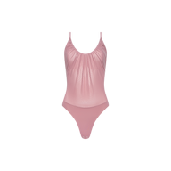 The Gelina Mesh Bodysuit is a light pink one-piece featuring adjustable thin shoulder straps, ruched detailing along the neckline, and a high-cut leg, shown against a white background.