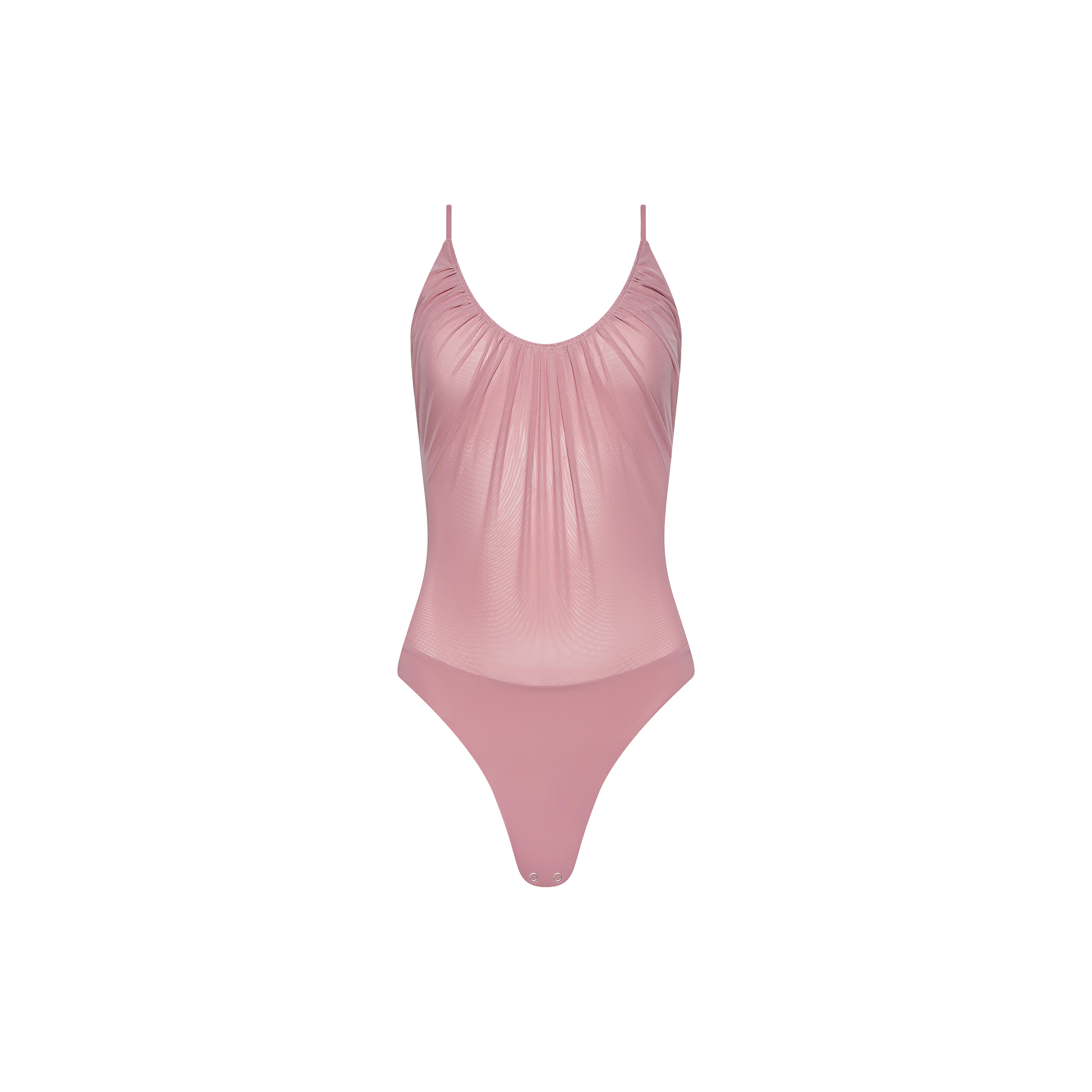 The Gelina Mesh Bodysuit is a light pink one-piece featuring adjustable thin shoulder straps, ruched detailing along the neckline, and a high-cut leg, shown against a white background.