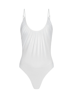 The Gelina Ruched Bodysuit is a white one-piece with thin adjustable straps, a scoop neckline, and softly gathered front detail, crafted from lightweight mesh and shown on a plain white background.