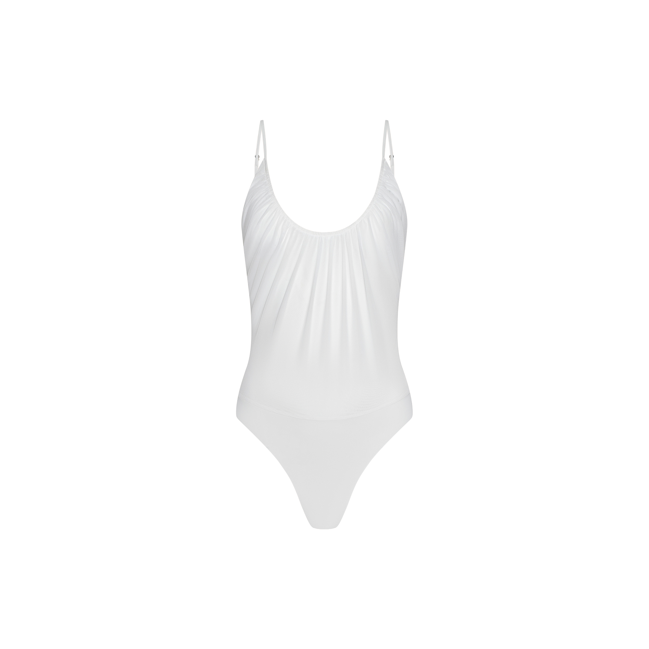 The Gelina Mesh Bodysuit is a white one-piece featuring lightweight mesh, thin adjustable straps, and a slightly ruched gathered front detail, shown against a plain white background.
