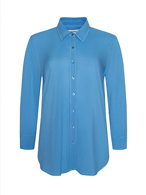 The Marlene Blouse is a lightweight, long-sleeve blue button-down shirt with a collar, shown against a plain white background.