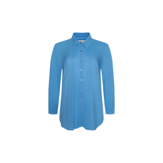 Blue long-sleeve Marlene Blouse featuring a pointed collar and relaxed fit, displayed on a plain white background.