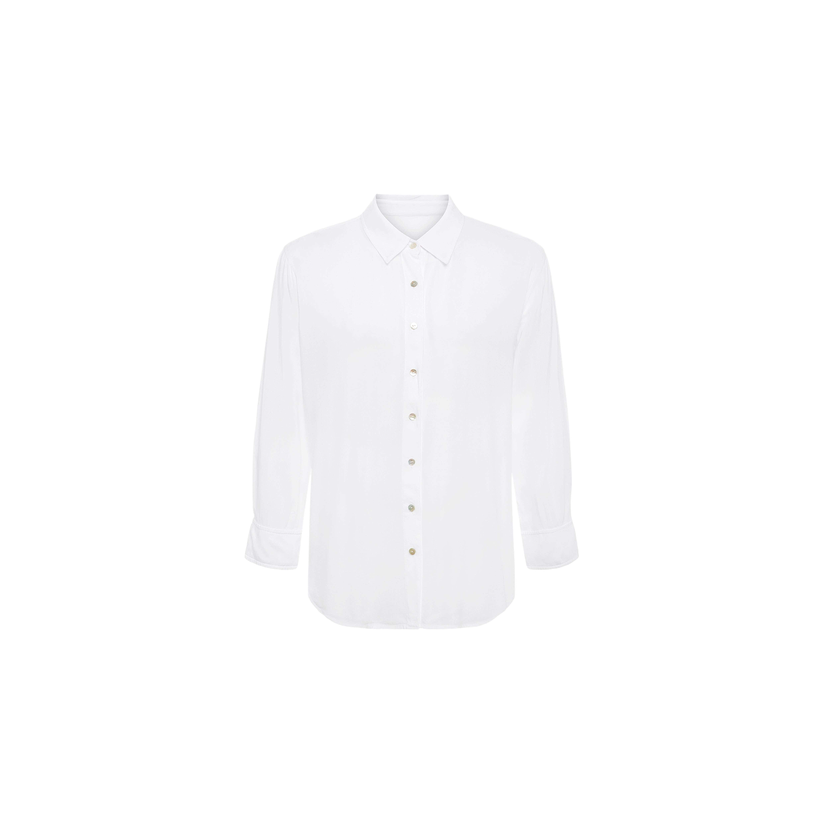 The Marlene Blouse is a plain white long-sleeve button-down shirt with a collar, featuring classic shirting details and a relaxed fit, displayed on a white background.