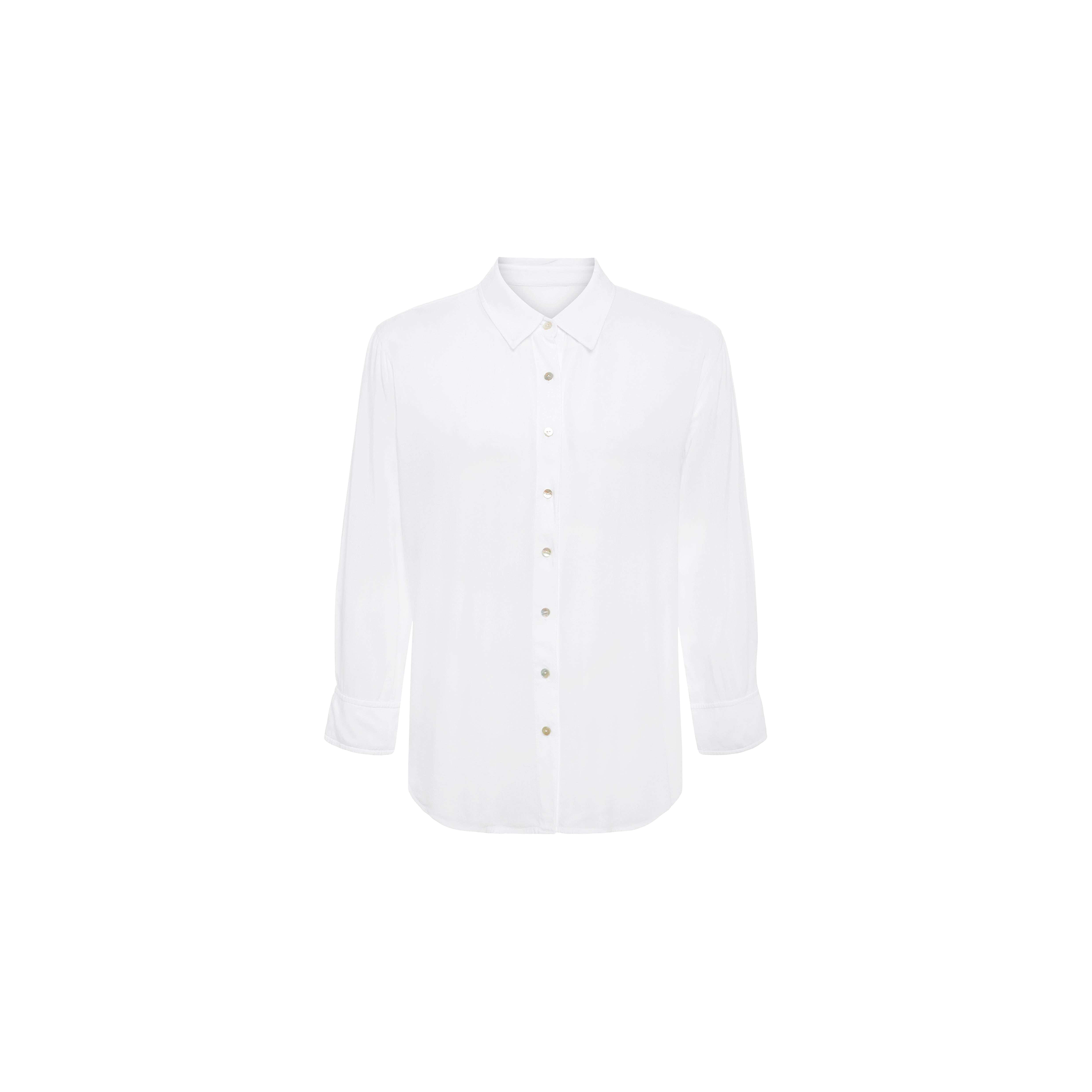 The Marlene Blouse is a plain white long-sleeve button-down shirt with a collar, featuring classic shirting details and a relaxed fit, displayed on a white background.